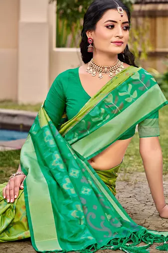 Light green silk blend saree with contrast woven zari border