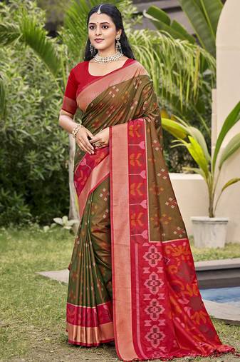 Brown silk blend saree with contrast woven zari border