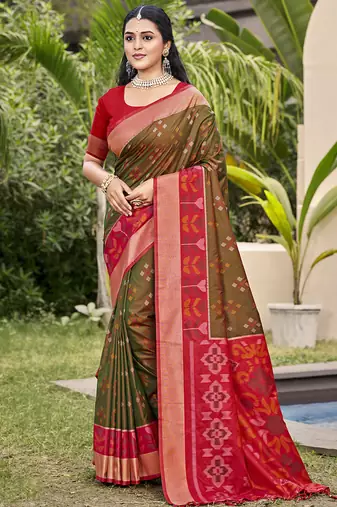 Brown silk blend saree with contrast woven zari border