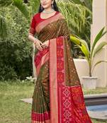 Brown silk blend saree with contrast woven zari border