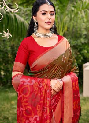 Brown silk blend saree with contrast woven zari border 2
