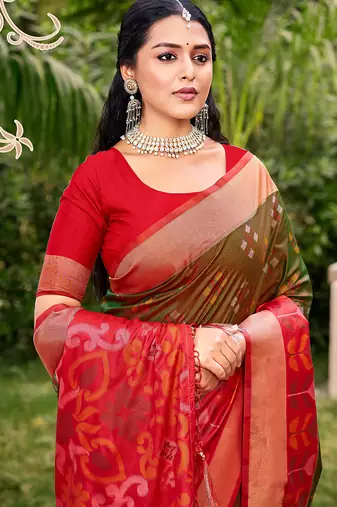 Brown silk blend saree with contrast woven zari border