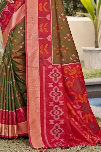 Brown silk blend saree with contrast woven zari border