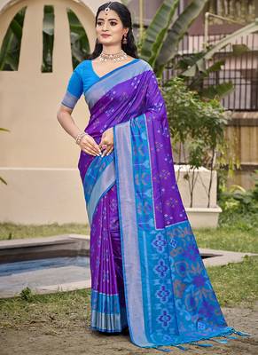 Violet silk blend saree with contrast woven zari border 1