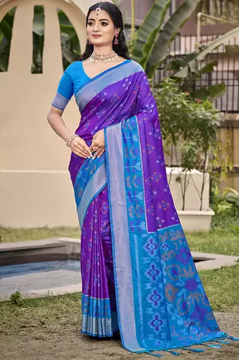 Violet silk blend saree with contrast woven zari border