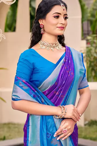 Violet silk blend saree with contrast woven zari border