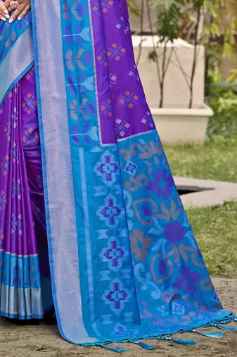 Violet silk blend saree with contrast woven zari border