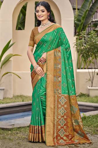 Sea green silk blend saree with contrast woven zari border