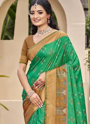 Sea green silk blend saree with contrast woven zari border 2