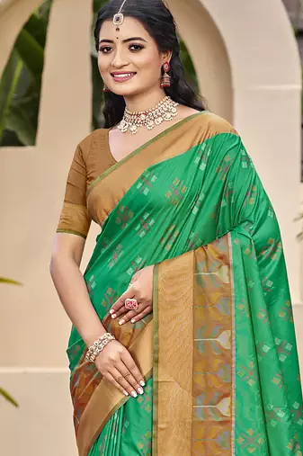 Sea green silk blend saree with contrast woven zari border