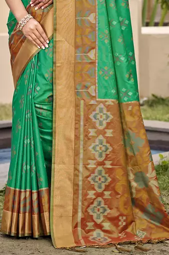 Sea green silk blend saree with contrast woven zari border
