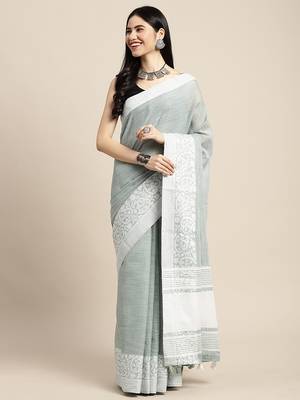 Grey handloom linen saree with floral woven border 1