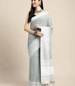 Grey handloom linen saree with floral woven border
