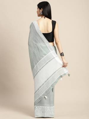 Grey handloom linen saree with floral woven border 2