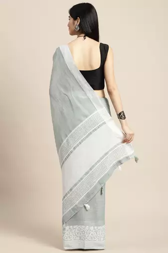 Grey handloom linen saree with floral woven border