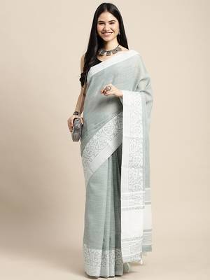 Grey handloom linen saree with floral woven border 3