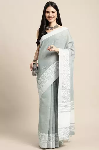 Grey handloom linen saree with floral woven border