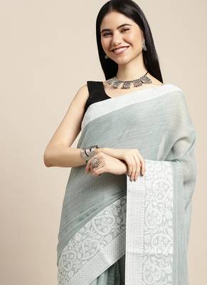 Grey handloom linen saree with floral woven border 4