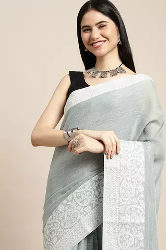 Grey handloom linen saree with floral woven border