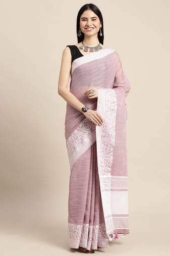 Onion pink handloom linen saree with floral woven border