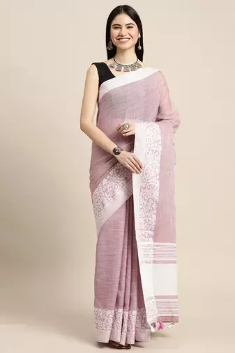 Onion pink handloom linen saree with floral woven border