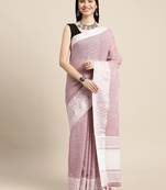 Onion pink handloom linen saree with floral woven border