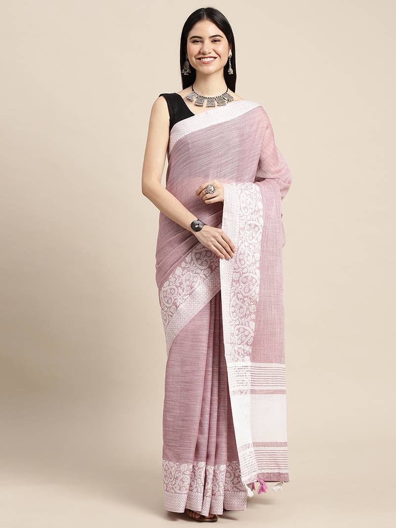 Onion pink handloom linen saree with floral woven border