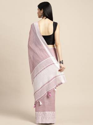 Onion pink handloom linen saree with floral woven border 2