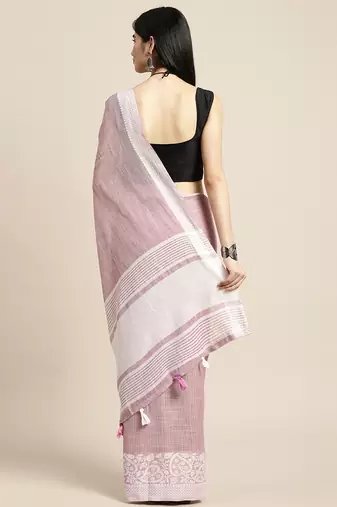Onion pink handloom linen saree with floral woven border