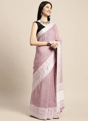 Onion pink handloom linen saree with floral woven border 3