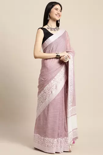 Onion pink handloom linen saree with floral woven border