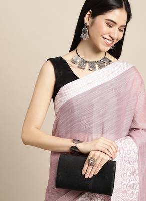 Onion pink handloom linen saree with floral woven border 4