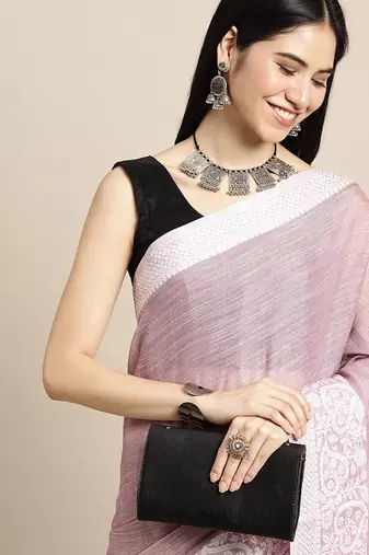 Onion pink handloom linen saree with floral woven border