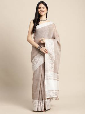 Beige handloom linen saree with floral woven border 1