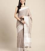 Beige handloom linen saree with floral woven border