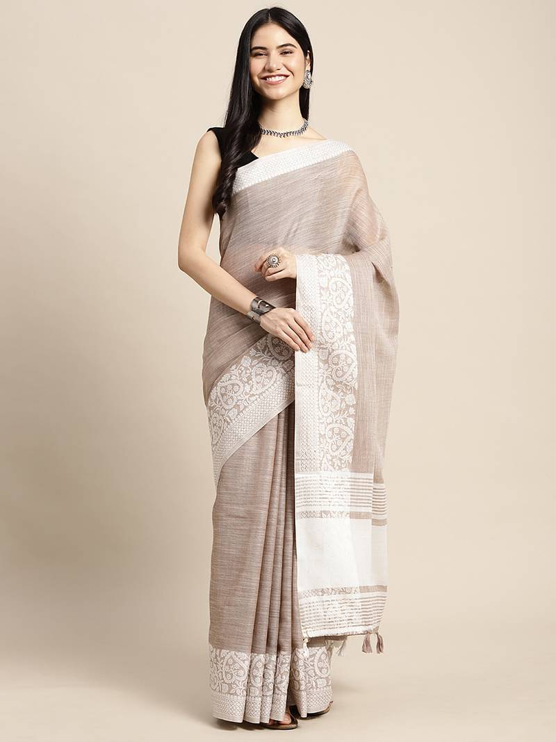 Beige handloom linen saree with floral woven border