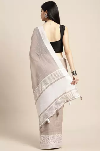 Beige handloom linen saree with floral woven border