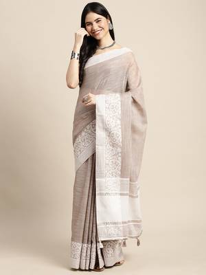 Beige handloom linen saree with floral woven border 3