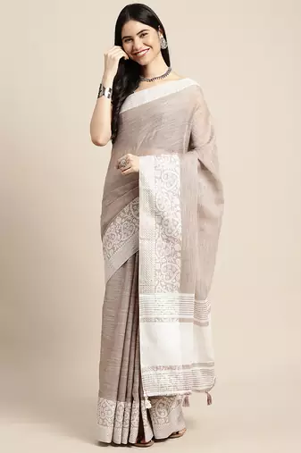 Beige handloom linen saree with floral woven border