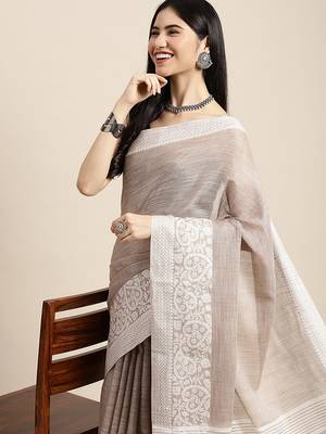 Beige handloom linen saree with floral woven border 4