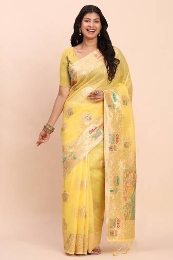 yellow silk blend saree with meenakari paithani pallu