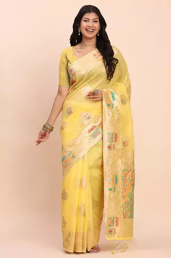yellow silk blend saree with meenakari paithani pallu