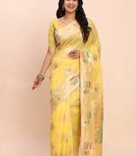 yellow silk blend saree with meenakari paithani pallu