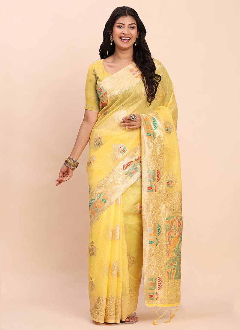 yellow silk blend saree with meenakari paithani pallu