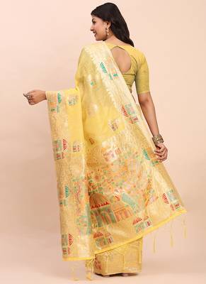 yellow silk blend saree with meenakari paithani pallu 2