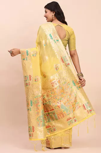 yellow silk blend saree with meenakari paithani pallu