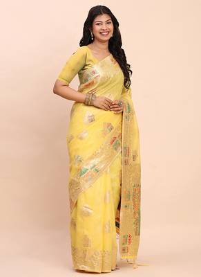 yellow silk blend saree with meenakari paithani pallu 3