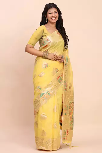 yellow silk blend saree with meenakari paithani pallu