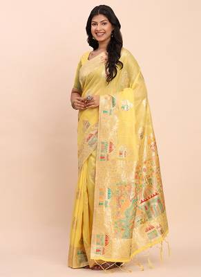 yellow silk blend saree with meenakari paithani pallu 4