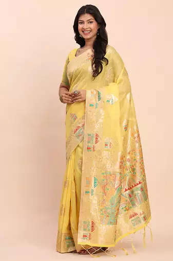 yellow silk blend saree with meenakari paithani pallu